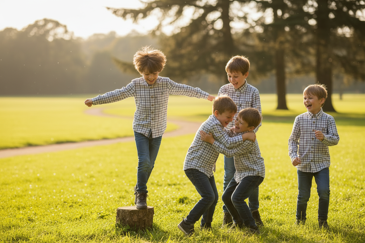 boys playing in a park in with plaid chequered country shirts