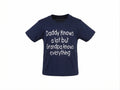 Navy blue t-shirt with white text on a white background