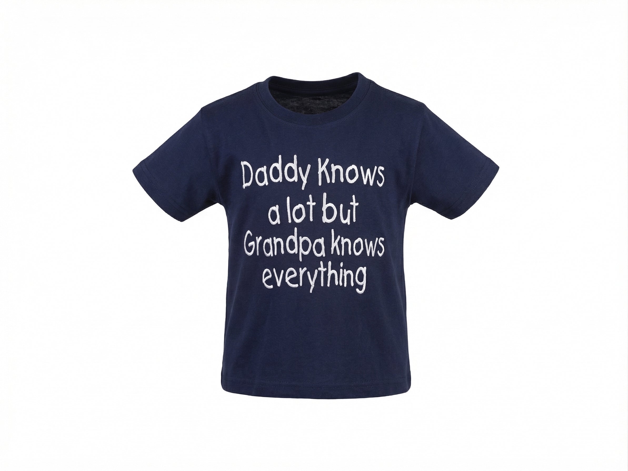 Navy blue t-shirt with white text on a white background