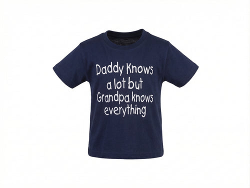 Navy blue t-shirt with white text on a white background