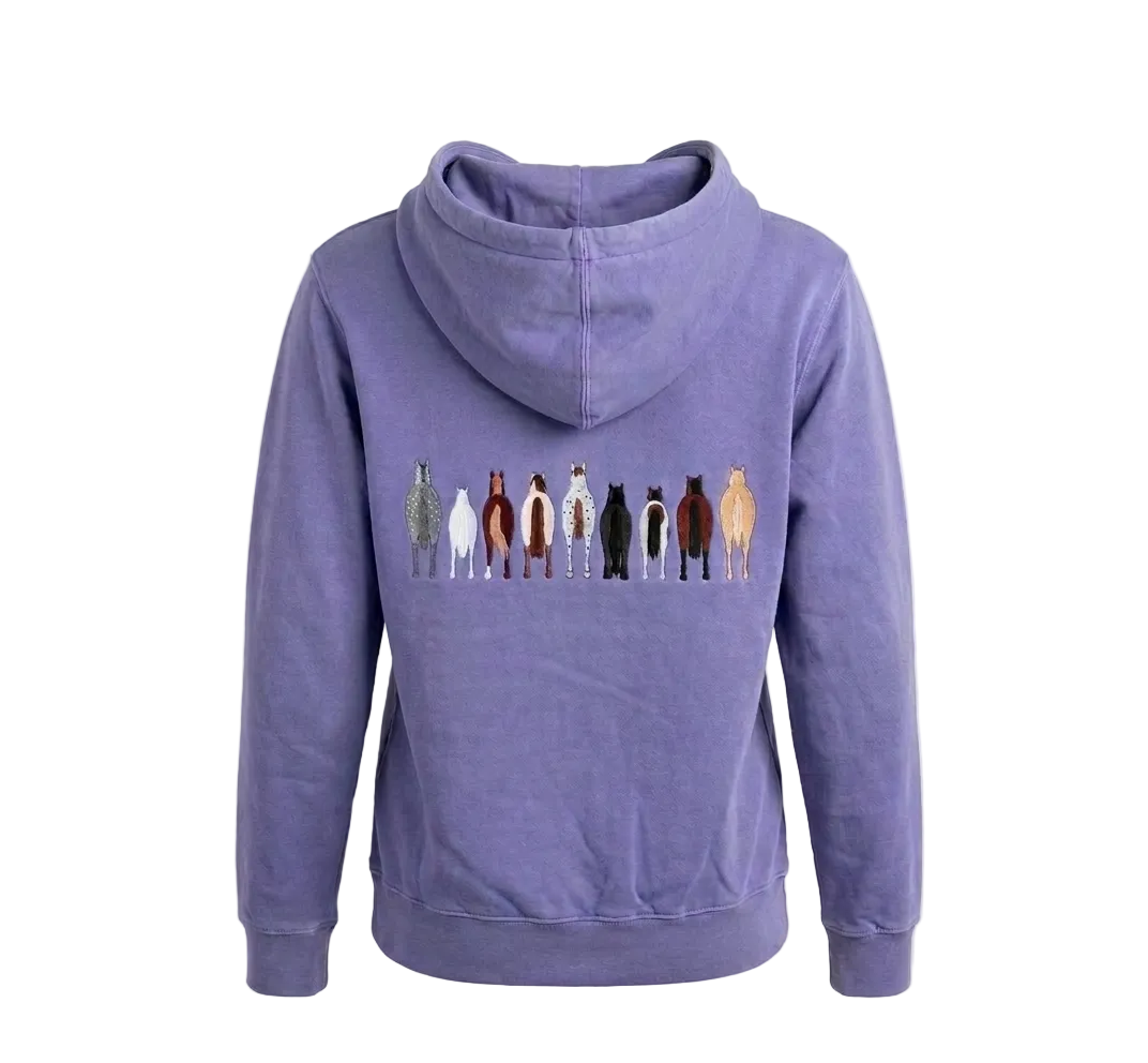 Purple hoodie with a colorful graphic on the back against a white background