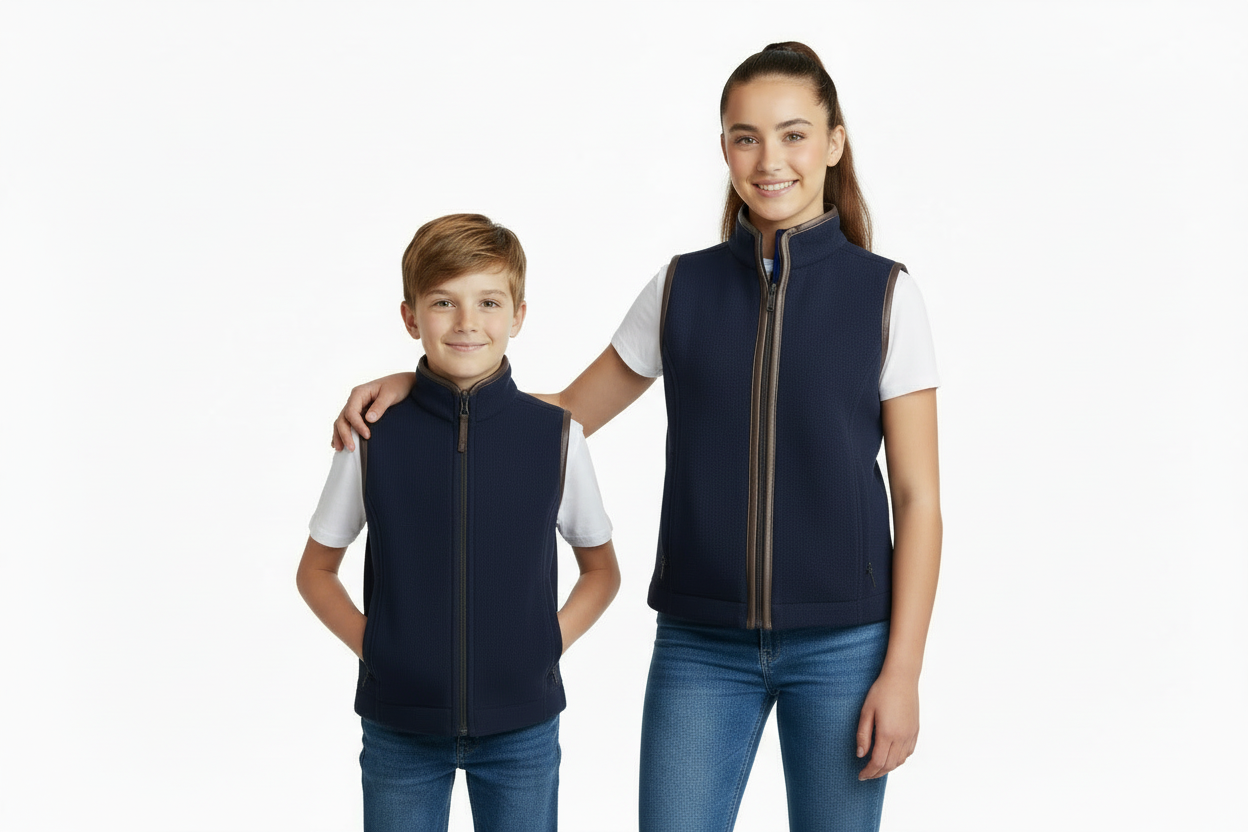 Two people wearing navy blue vests on a white background