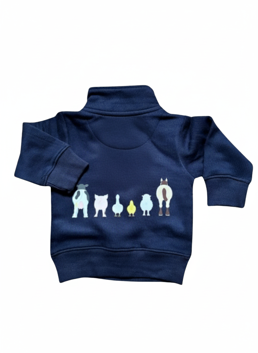 Navy blue children's jacket with cartoon character design on a white background
