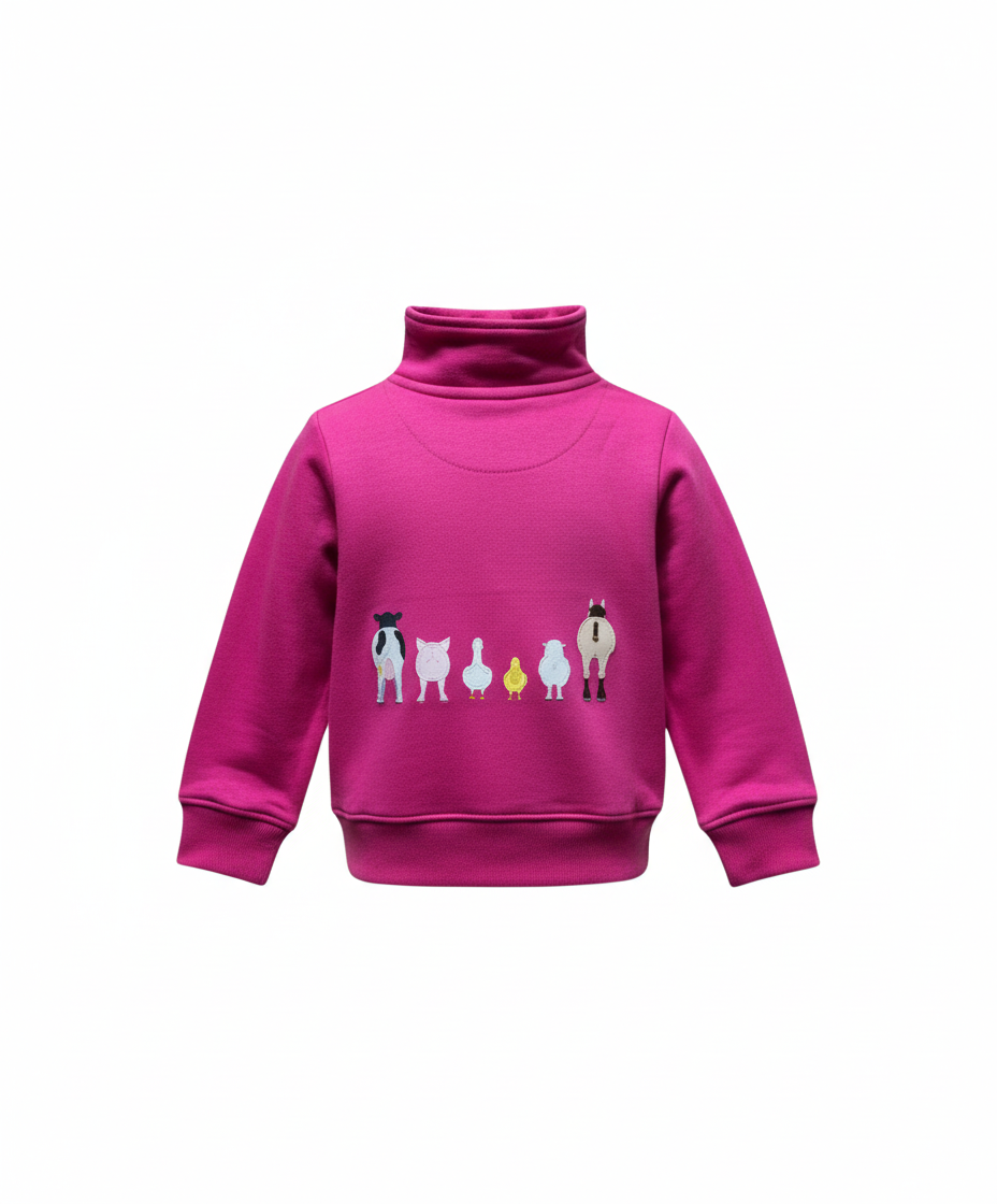 Pink Farm Animal Half Zip Sweatshirt with Front and Back Design