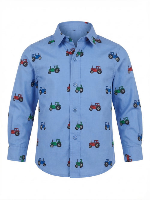 Blue shirt with tractor pattern on a white background