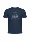 Navy blue t-shirt with white tractor graphic and text on a white background