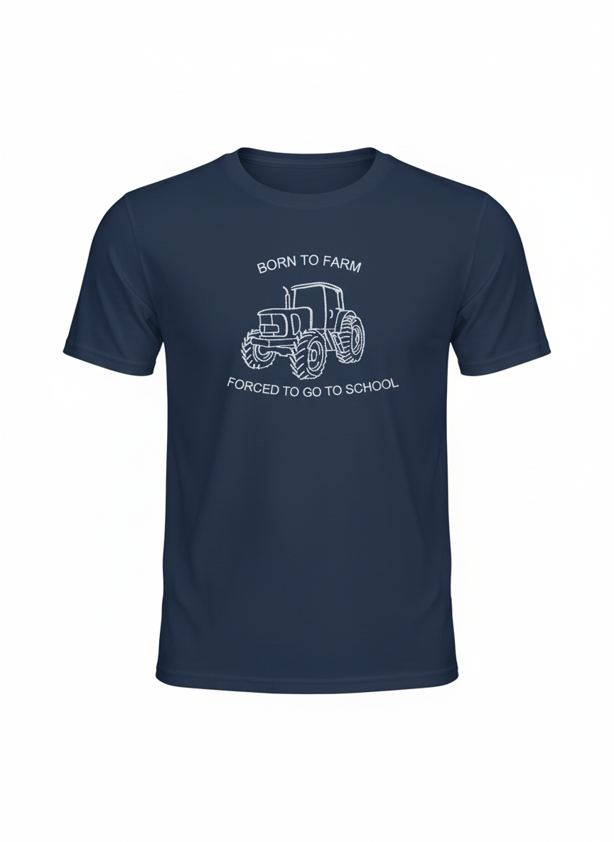Navy blue t-shirt with white tractor graphic and text on a white background