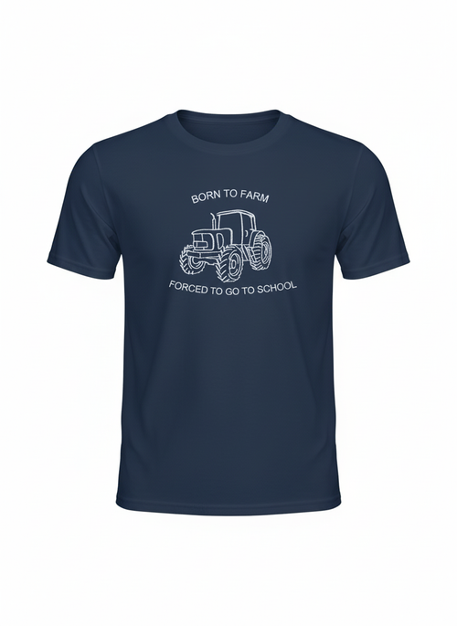 Navy blue t-shirt with white tractor graphic and text on a white background