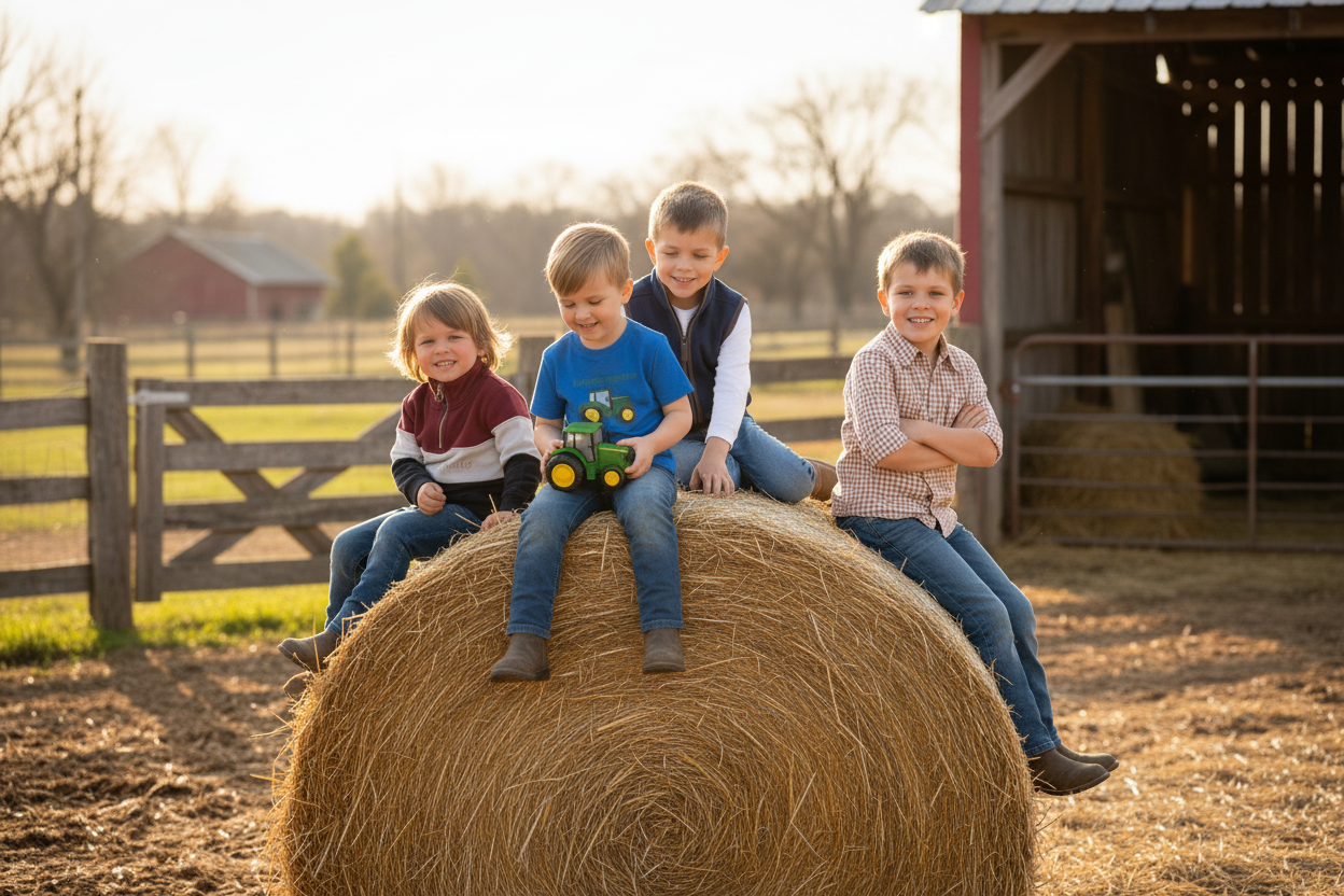 Four children standing together on a white background wearing products from maryofinworth.com