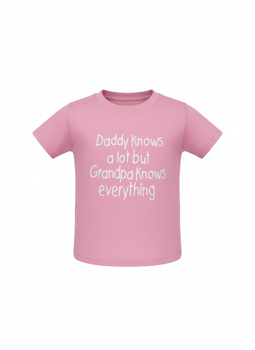 Pink t-shirt with text 'Daddy Knows a lot but Grandpa Knows everything' on a white background