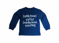 Blue children's sweatshirt with white text on a white background