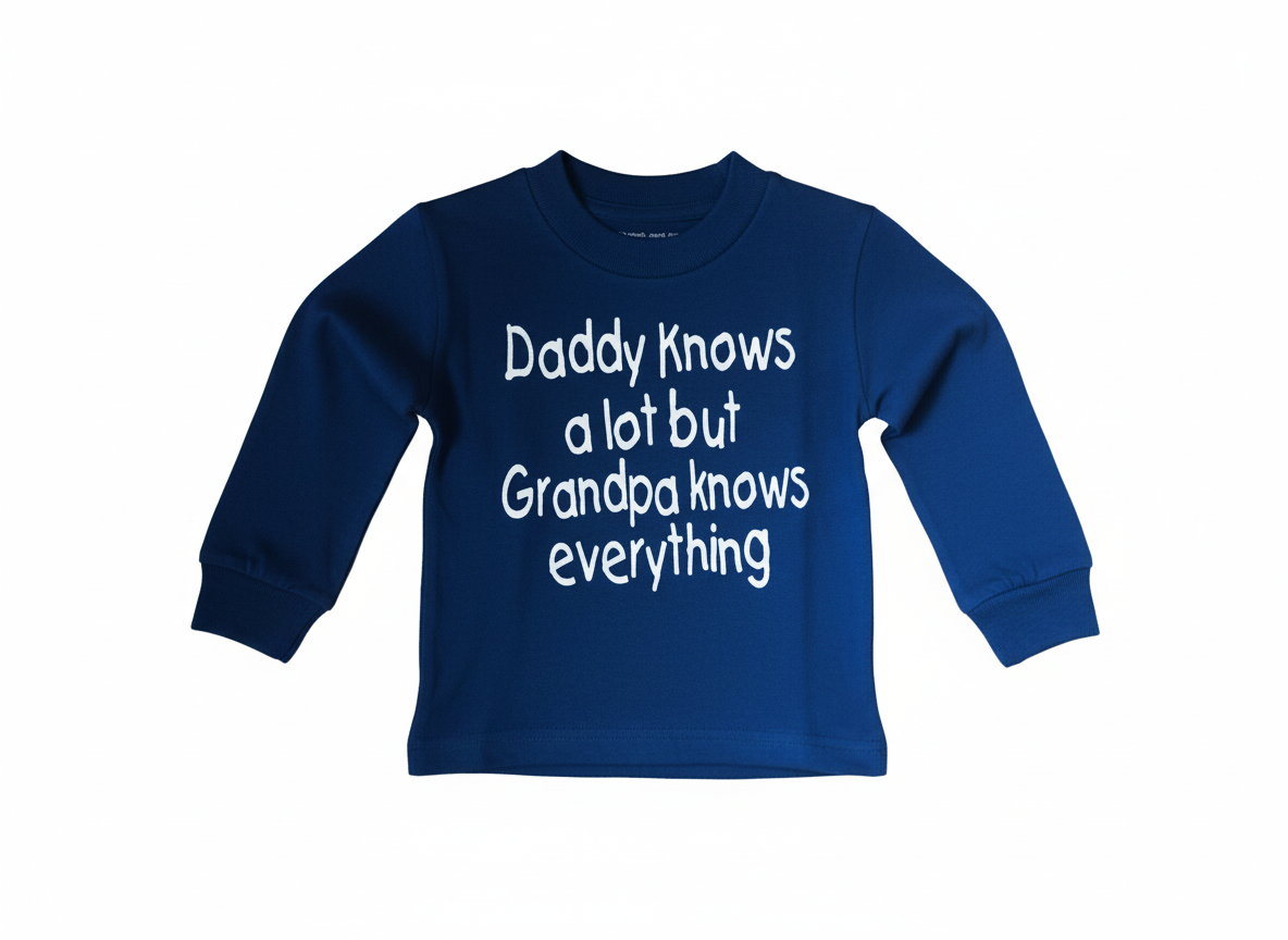 Blue children's sweatshirt with white text on a white background