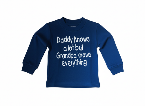 Blue children's sweatshirt with white text on a white background
