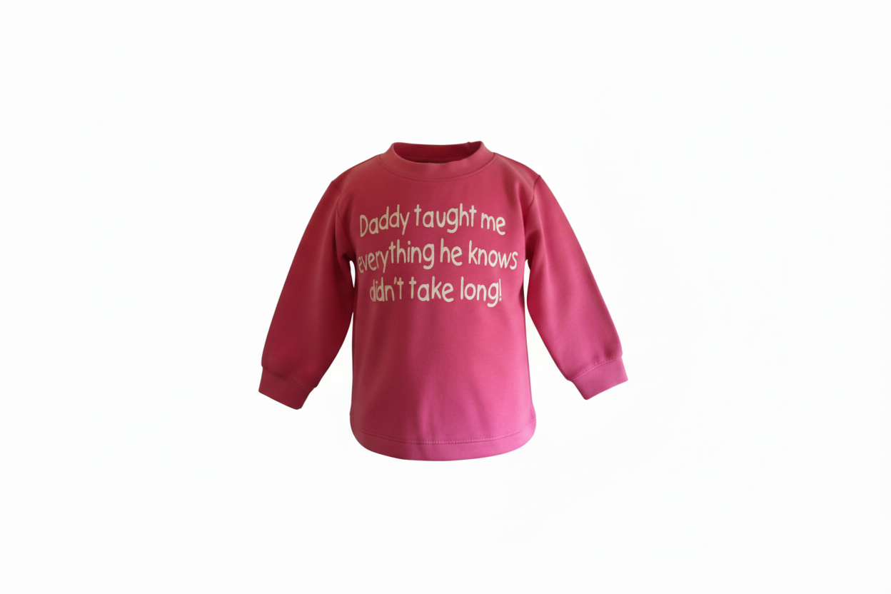Pink long-sleeve shirt with text on a white background