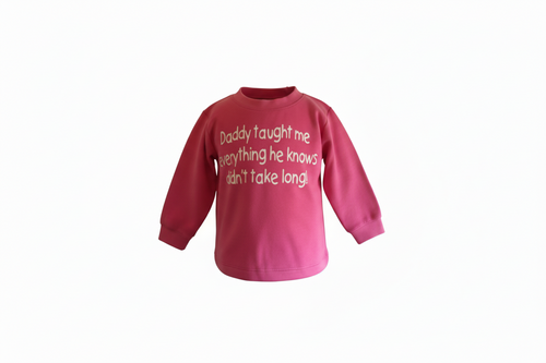Pink long-sleeve shirt with text on a white background