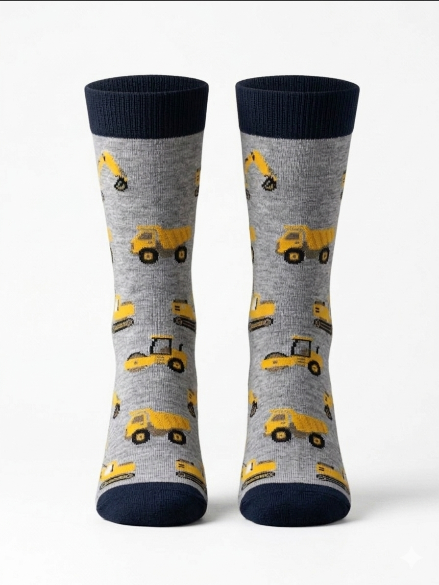 Gray socks with yellow construction vehicle pattern on a white background
