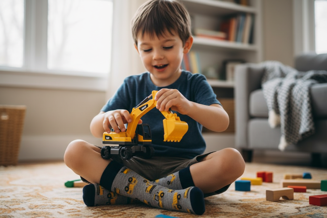 Child playing with a toy excavator in a living room