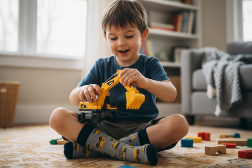 Child playing with a toy excavator in a living room