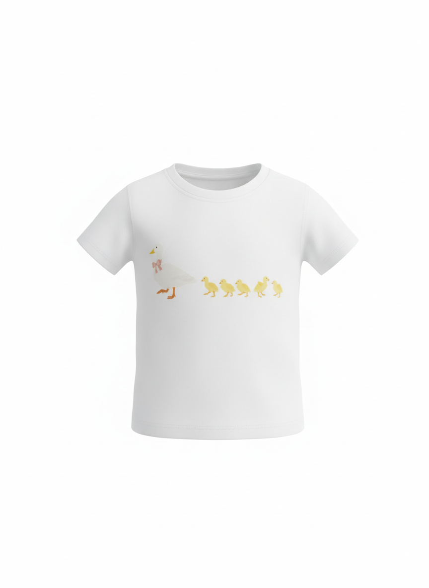 White t-shirt with a duck and chicks graphic on a white background
