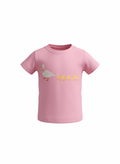 Pink t-shirt with a duck and ducklings graphic on a white background