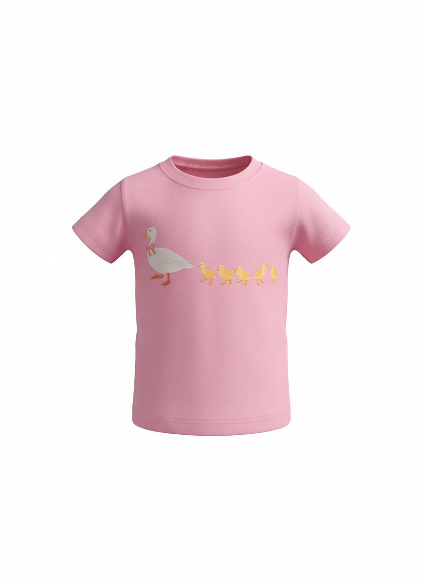 Pink t-shirt with a duck and ducklings graphic on a white background