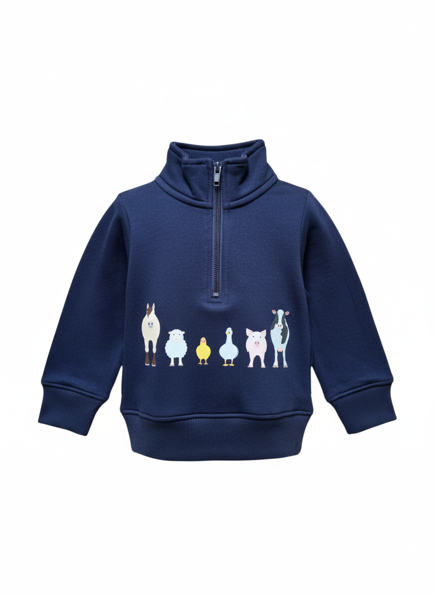 Navy blue children's sweatshirt with animal illustrations on a white background