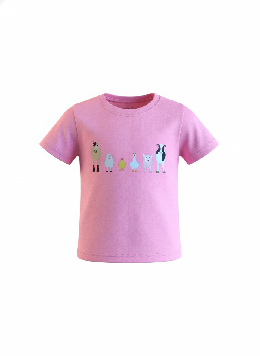 Pink t-shirt with cartoon llama design on a white background