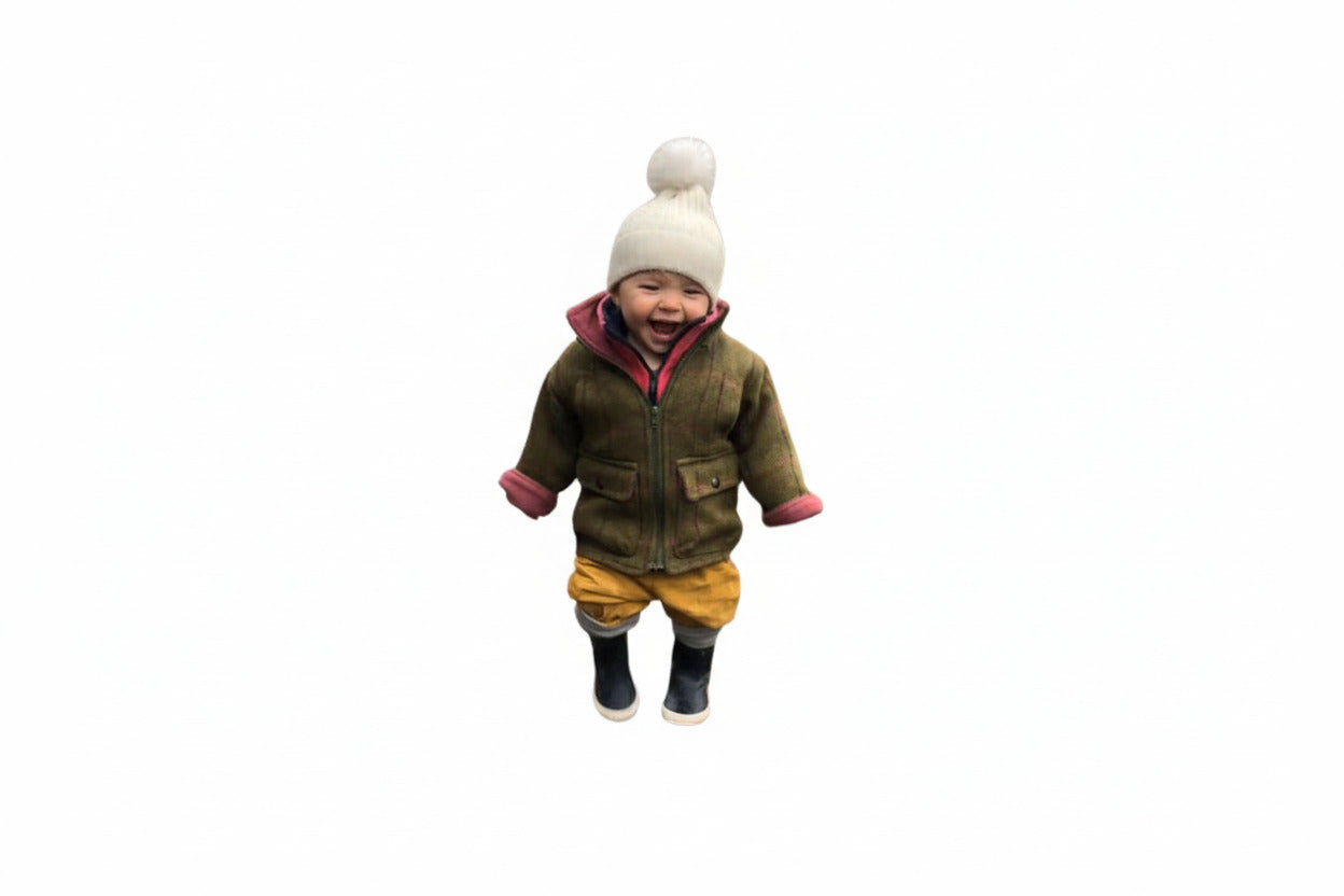 girl wearing pink lined tweed jacket
