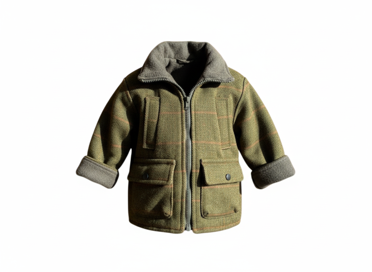 A green check tweed children's jacket with a green fleece lining on a white background