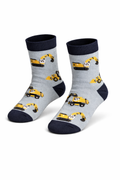 Gray socks with yellow construction vehicle design on a white background