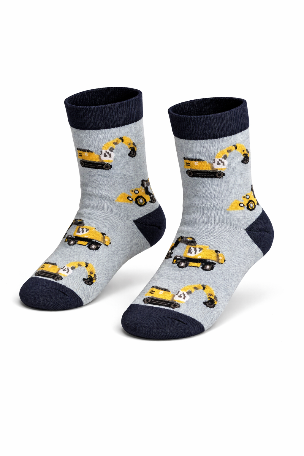 Gray socks with yellow construction vehicle design on a white background
