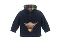 Navy blue fleece jacket with a highland cow design on a white background