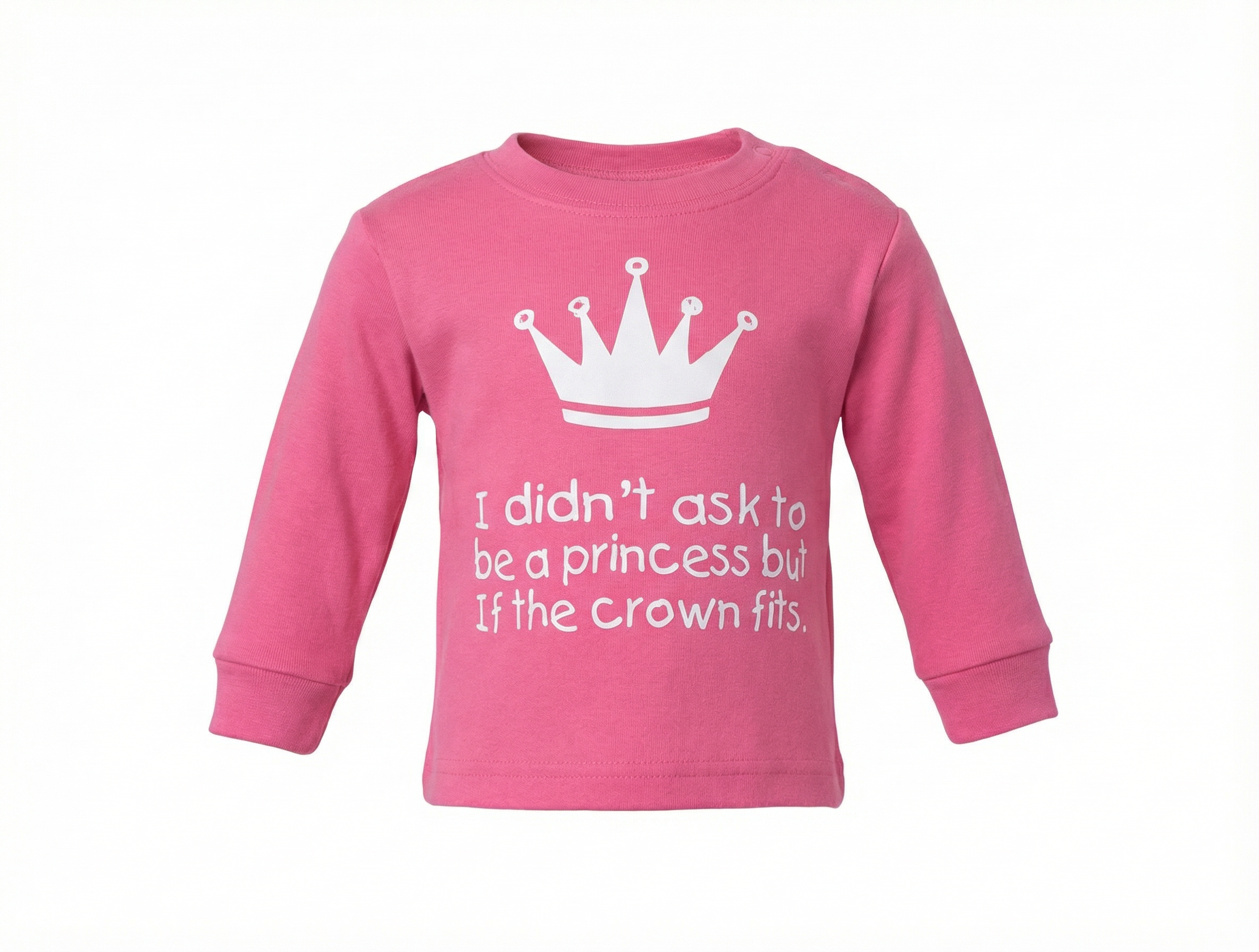 Pink long-sleeve shirt with a white crown graphic and text on a white background