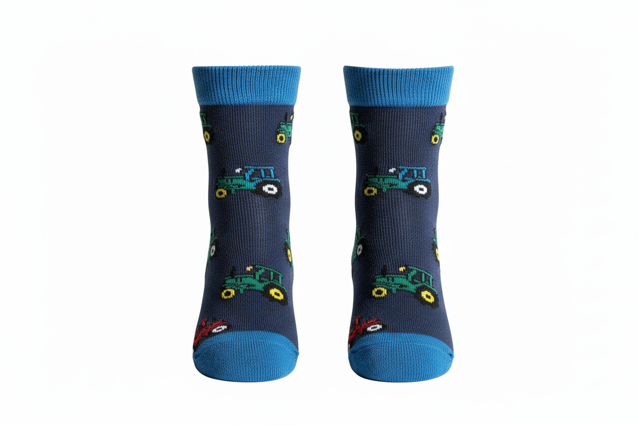 Pair of socks with tractor design on a white background