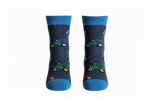 Pair of socks with tractor design on a white background