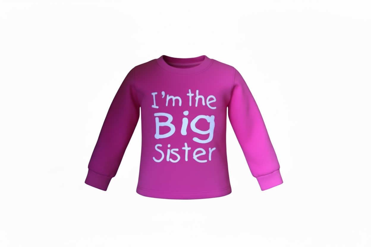 pink long sleeve sweatshirt with large white writing "im the big sister" on a white background