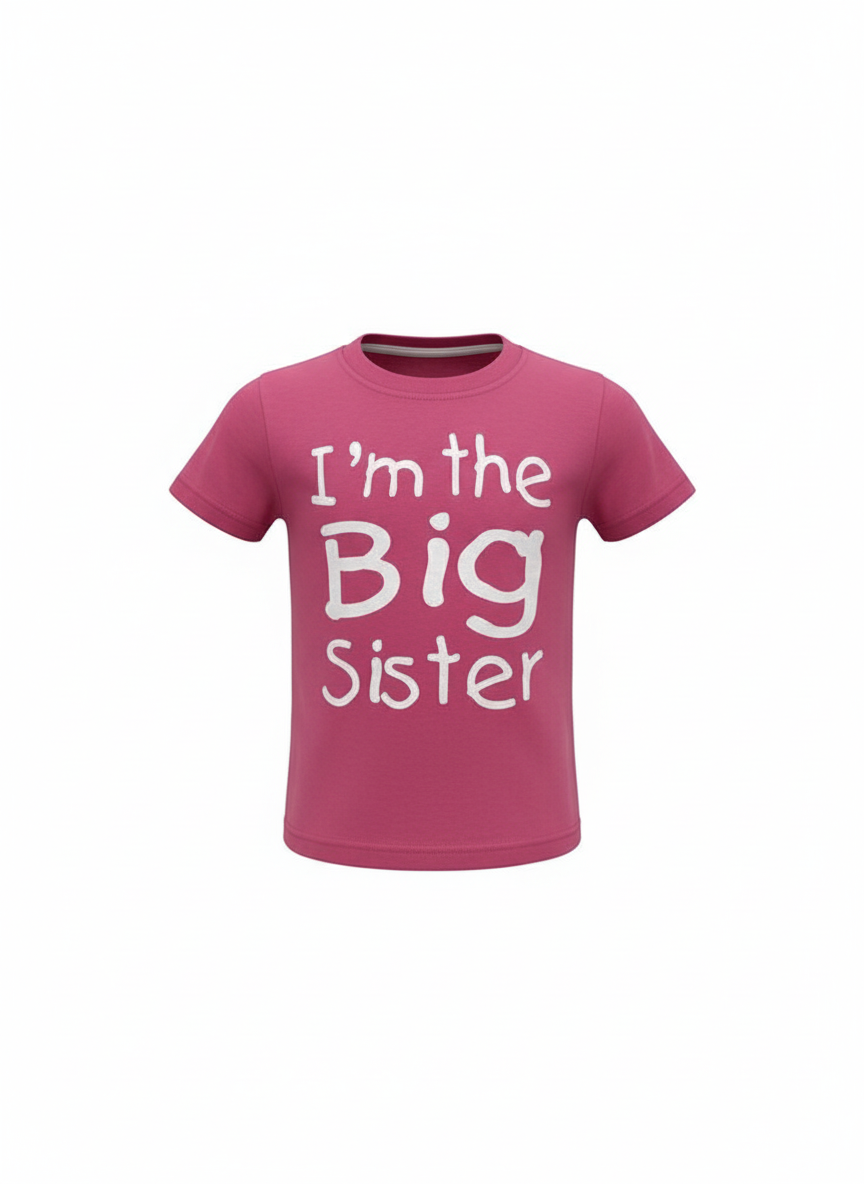 pink t-shirt with im the big sister printing in white.