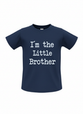 Navy blue t-shirt with 'I'm the Little Brother' text on a white background