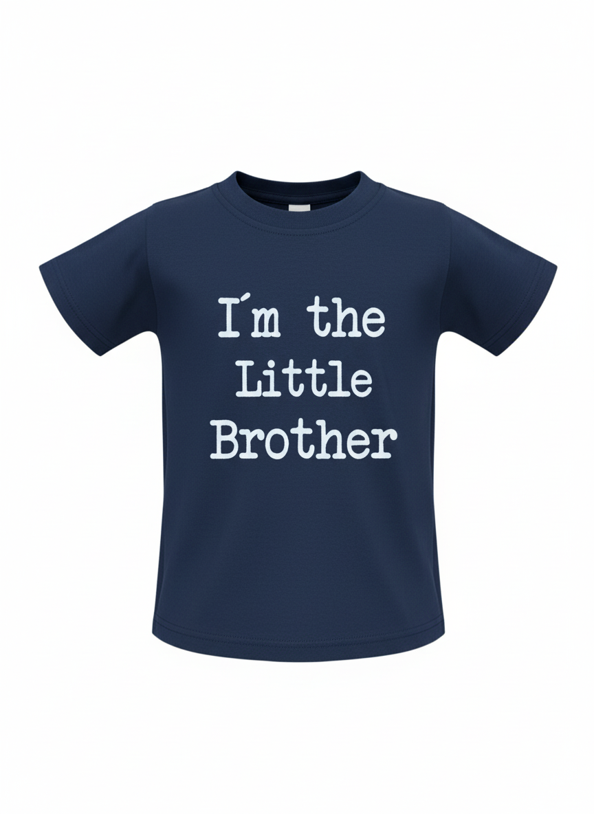 Navy blue t-shirt with 'I'm the Little Brother' text on a white background