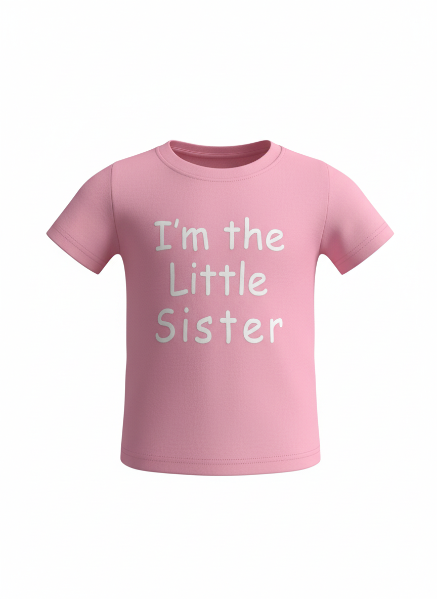 Pink t-shirt with 'I'm the Little Sister' text on a white background