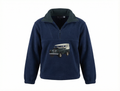 Navy blue fleece pullover with a graphic of a vintage van on a white background