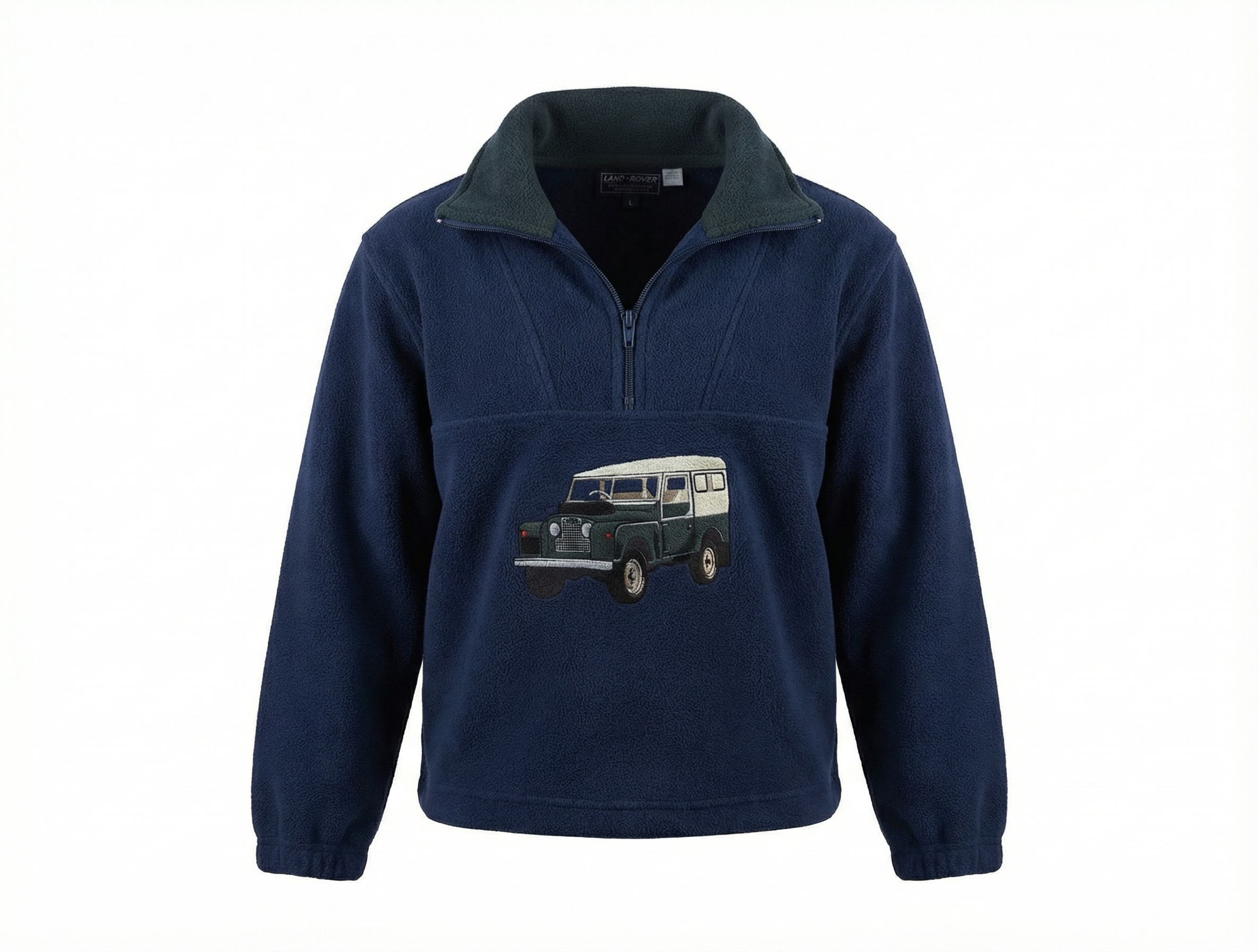Navy blue fleece pullover with a graphic of a vintage van on a white background