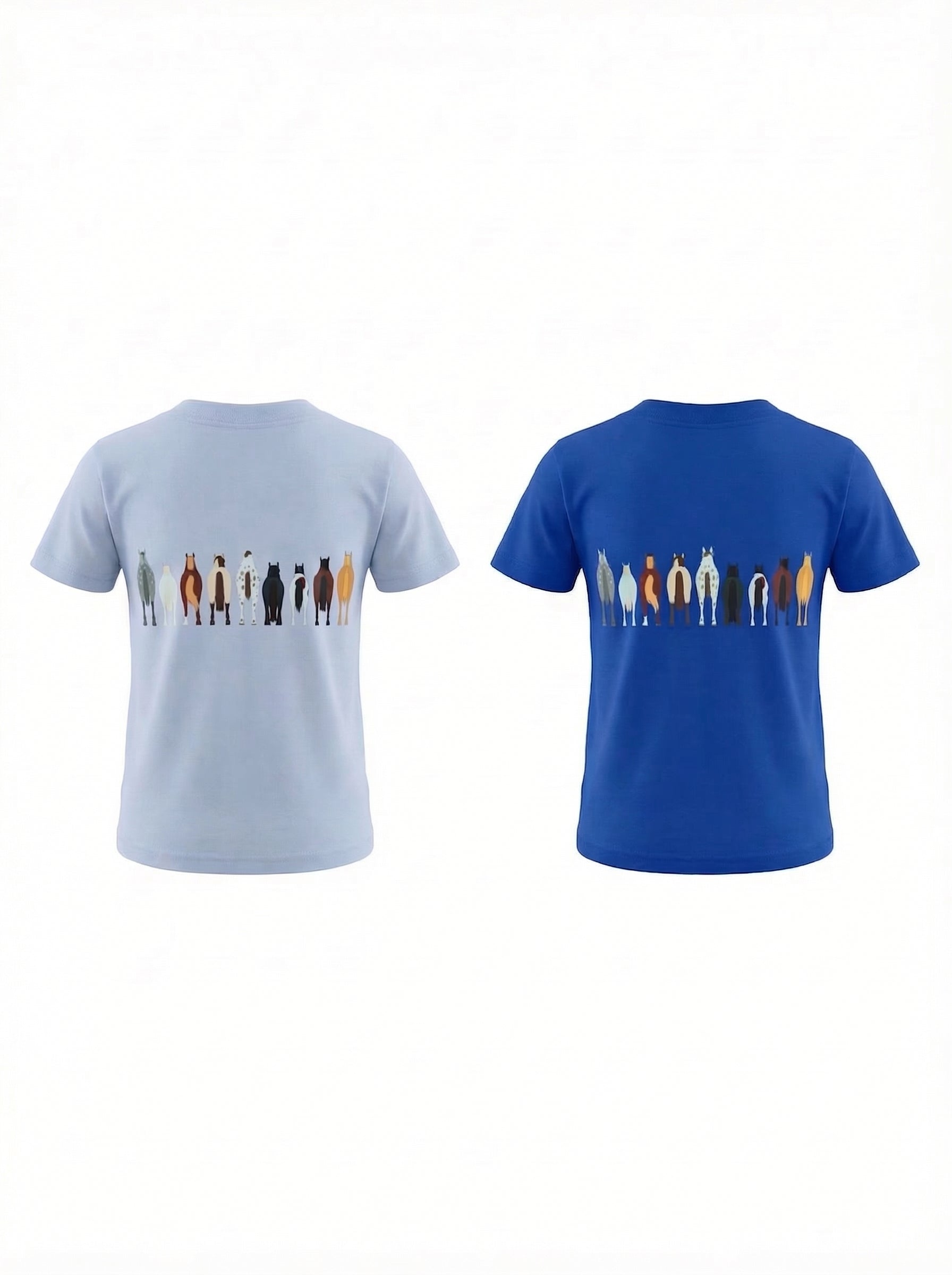 Light blue and blue t-shirt with colorful graphic design on a white background