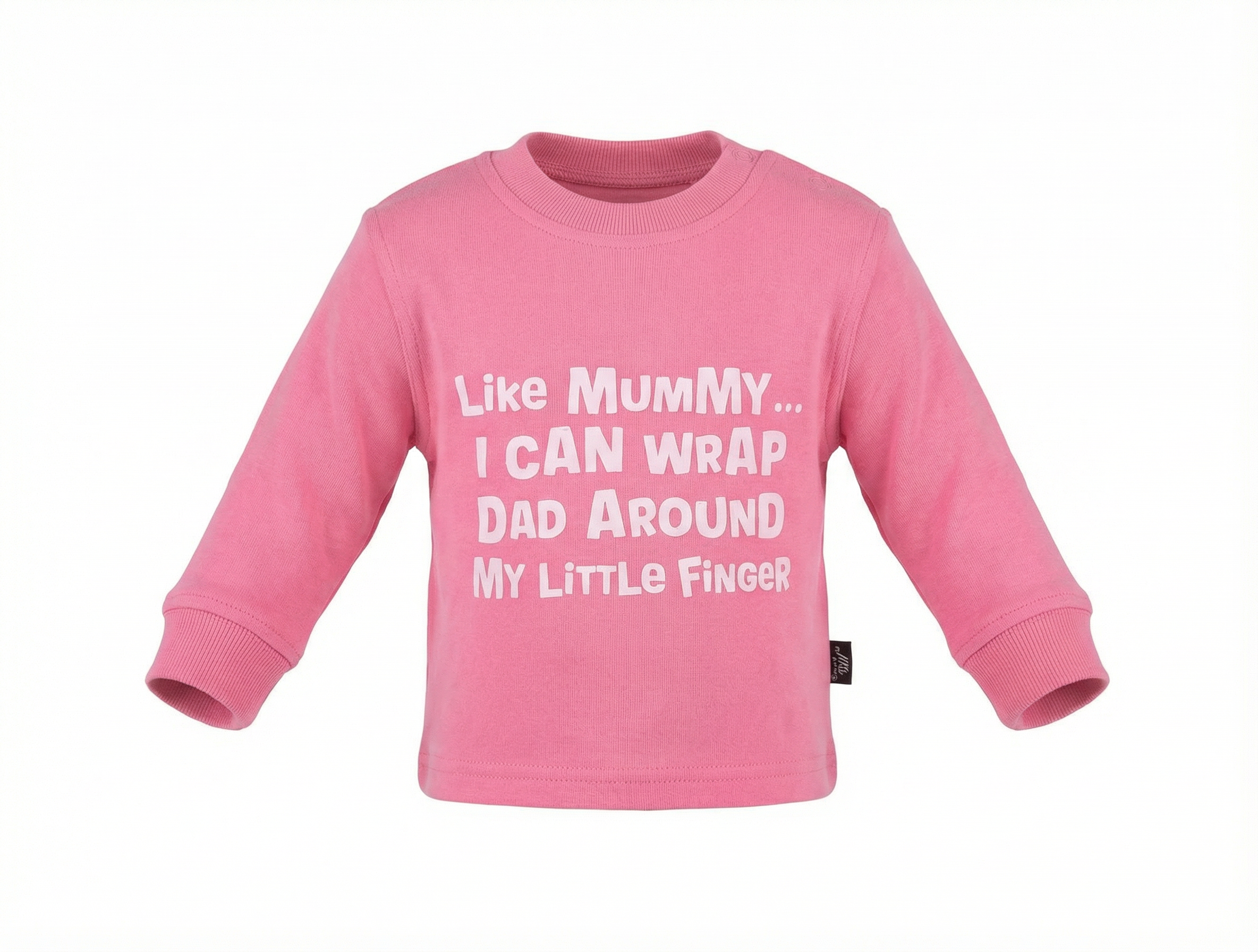 Pink children's sweatshirt with humorous text on a white background