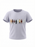 a lilac t-shirt with horses printed in a line on the front on a white background