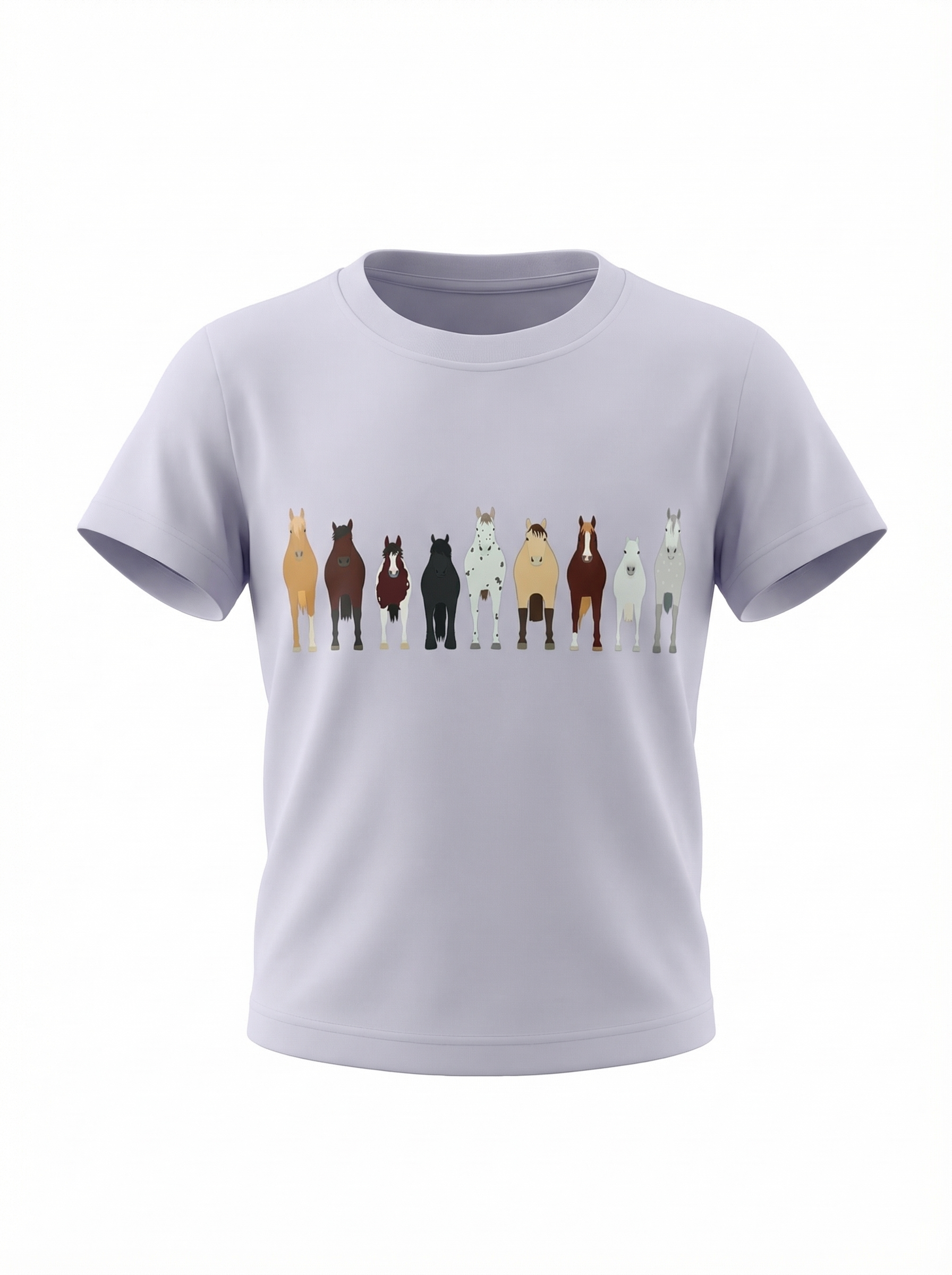 a lilac t-shirt with horses printed in a line on the front on a white background