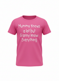 Pink t-shirt with white text on a white background