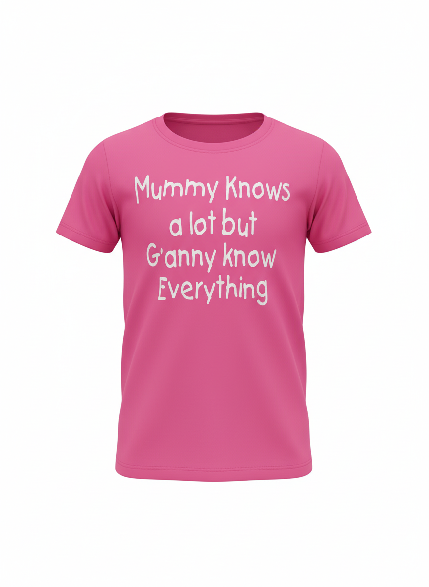 Pink t-shirt with white text on a white background