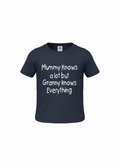 Navy blue t-shirt with white text on a white background