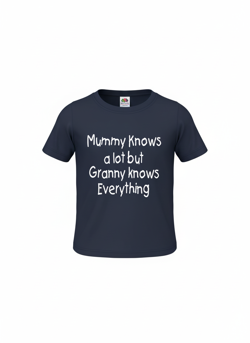 Navy blue t-shirt with white text on a white background
